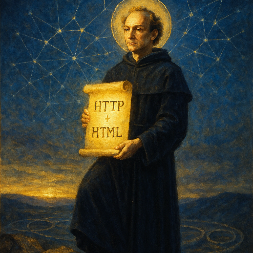 A glowing globe of nodes labelled HTTP and HTML, rising above silhouetted CERN mountains at dawn.