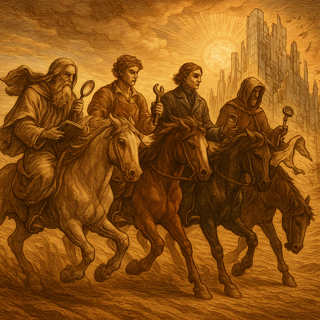 Four heroic riders emerge from a desert at dawn, each carrying a distinct weapon; behind them, a city of glass towers cracks open.
