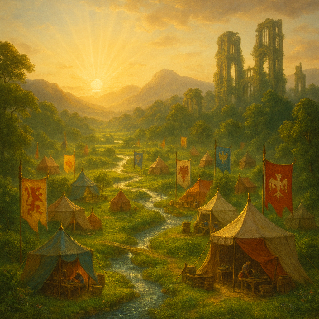 A green valley at dawn, small workshops with banners bearing each company's own logo, clean streams running through, ruined corporate towers overgrown on the distant horizon.