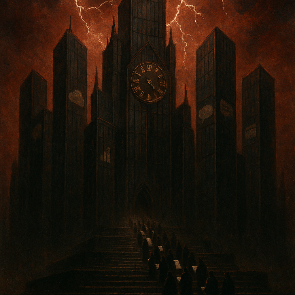 Glass corporate towers under a stormy red sky, a great clock reading RENEWAL on the central spire, processions of figures climbing with invoices.