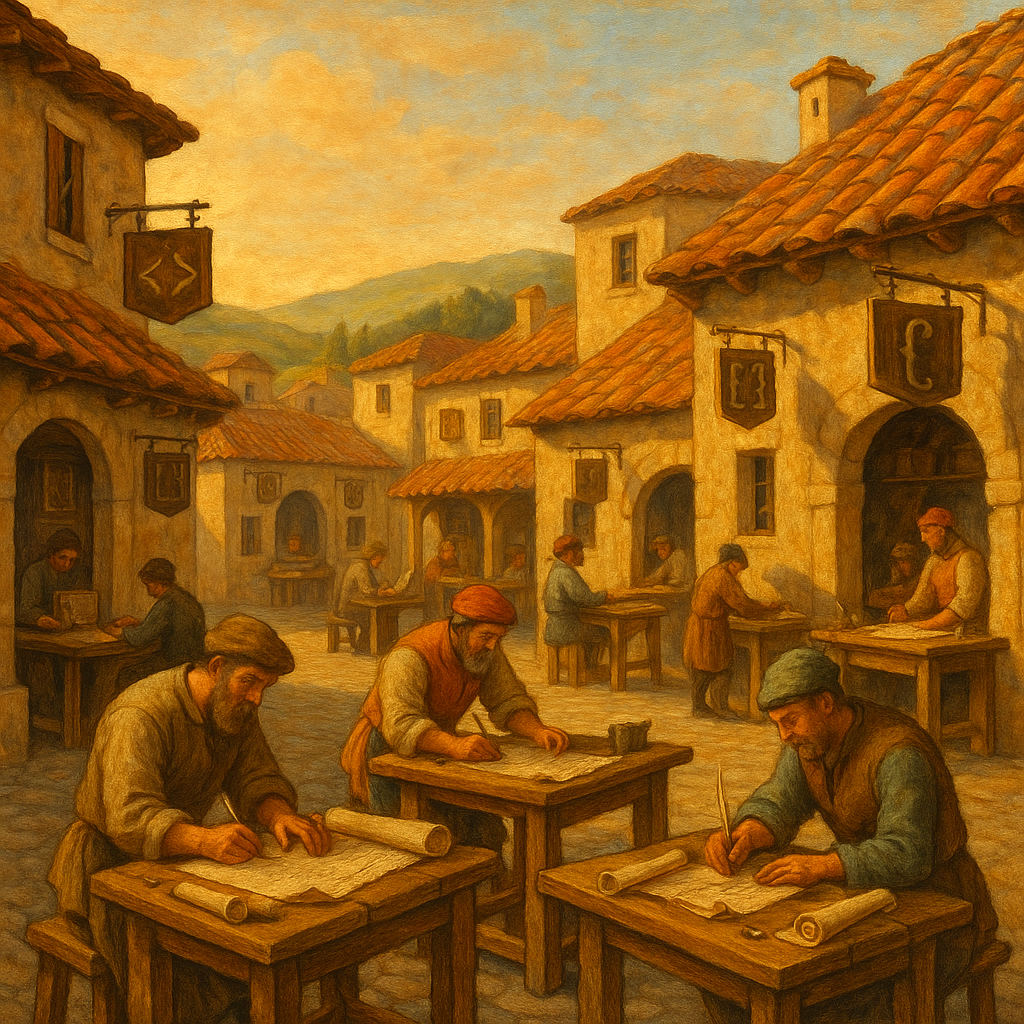 A village of small workshops under a golden sun, signs reading .html and .org, scrolls passed freely between them.